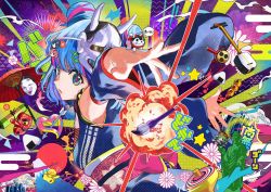 Rule 34 | 1girl, blue hair, detached sleeves, double bun, explosion, food, hair bun, hair ornament, highres, instrument, japanese clothes, kimono, looking at viewer, mask, multicolored hair, nail polish, oni mask, onigiri, open mouth, original, patterned background, pink hair, rainys bill, red umbrella, sash, scroll, short hair, solo, tengu mask, umbrella, wide sleeves, x hair ornament