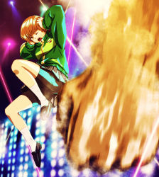 Rule 34 | 1girl, ;o, atlus, bad id, bad pixiv id, bike shorts, brown eyes, brown hair, covering own ears, infinote, jumping, one eye closed, open mouth, persona, persona 4, persona 4: the ultimate in mayonaka arena, satonaka chie, short hair, skirt, socks, solo, wink