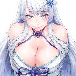 Rule 34 | 1girl, bare shoulders, blue eyes, blush, bow, breasts, cleavage, closed mouth, collarbone, hair ornament, halterneck, japanese clothes, kimono, large breasts, long hair, long sleeves, looking at viewer, mole, mole under mouth, nijisanji, off shoulder, setsuna (1st costume) (nijisanji), setsuna (nijisanji), shu-mai, sidelocks, simple background, smile, snowflake hair ornament, solo, tsurime, upper body, virtual youtuber, waist bow, white background, white hair, white kimono