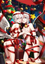 Rule 34 | 2boys, angel wings, ass, bell, black wings, bow, bowtie, box, branz (seven knights), branzel (seven knights), butt crack, charles (gu599), christmas, christmas lights, christmas ornaments, christmas tree, demon wings, gift, gift box, hair bow, highres, holding hands, indoors, interlocked fingers, kneeling, looking at viewer, male focus, multiple boys, naked ribbon, navel, nipples, pointy ears, red bow, ribbon, seven knights, short hair, siblings, single wing, smile, star (symbol), trap, twins, white wings, wings