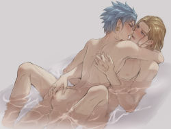 Rule 34 | 2boys, arm around neck, ass, ass grab, blue eyes, blue hair, blush, brown hair, camus (dq11), completely nude, dragon quest, dragon quest xi, earrings, hand tattoo, hero (dq11), highres, implied sex, jewelry, looking at another, lying, male focus, mondi hl, multiple boys, nude, on back, on person, open mouth, partially submerged, short hair, spiked hair, tattoo, teeth, upper teeth only, water, wet, yaoi