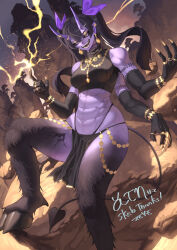 Rule 34 | 1girl, abs, absurdres, animal feet, black choker, black fur, black hair, black sclera, black sweater, bow, bracelet, brown background, choker, claw ring, colored sclera, colored skin, commission, demon girl, demon horns, demon tail, electricity, extra arms, fangs, foot out of frame, gold eyeshadow, gold necklace, hair between eyes, hair bow, highres, hooves, horns, index finger raised, jewelry, long hair, looking at viewer, monster girl, multiple rings, necklace, open mouth, original, outdoors, pelvic curtain, purple bow, purple eyes, purple horns, purple skin, ring, skeb commission, skin-covered horns, sleeveless, sleeveless sweater, slit pupils, solo, sumosamo, sweater, tail, toned, turtleneck, turtleneck sweater, twintails
