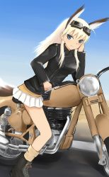Rule 34 | 1girl, animal ears, blonde hair, goggles, goggles on head, green eyes, hanna-justina marseille, head wings, long hair, long sleeves, military, military uniform, motor vehicle, motorcycle, rasielcochma, skirt, solo, strike witches, uniform, vehicle, wings, world witches series