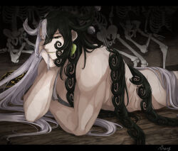 Rule 34 | 1boy, ashiya douman (fate), black eyes, black hair, commentary request, completely nude, earrings, fate/grand order, fate (series), jewelry, long hair, looking at viewer, male focus, multicolored hair, muscular, muscular male, nude, one eye closed, petori1902, sitting, skeleton, solo, white hair