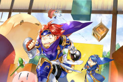 Rule 34 | 3boys, animal, armor, blue eyes, blue hair, bob-omb, cape, cloud, crossover, cube, day, falling, fire emblem, fire emblem: mystery of the emblem, fire emblem: path of radiance, fire emblem: radiant dawn, fire emblem: the binding blade, gloves, headband, holding, ike (fire emblem), jumping, kicking, kirby, kirby (series), looking at another, looking back, male focus, marth (fire emblem), motion blur, multiple boys, multiple crossover, nintendo, nintendogs, noki (affabile), open mouth, oversized animal, red gloves, red hair, roy (fire emblem), running, scared, sky, super smash bros., sweatdrop, teeth