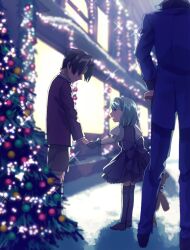 Rule 34 | 1girl, 2boys, ace attorney, bow, cane, child, christmas lights, christmas tree, closed mouth, dress, franziska von karma, from side, gloves, hairband, head down, highres, holding, holding cane, holding hands, long sleeves, manfred von karma, miles edgeworth, multiple boys, oshaberi usagi, outdoors, parted bangs, puffy sleeves, short hair, shorts, smile, stuffed animal, stuffed toy, teddy bear