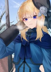 Rule 34 | 1girl, absurdres, blonde hair, blue eyes, blue shawl, blue sky, blush, breath, brown gloves, fate/grand order, fate (series), flower, fur-trimmed sleeves, fur trim, gloves, hair flower, hair ornament, hand in own hair, hat, highres, kugatunohito, long hair, looking at viewer, lord el-melloi ii case files, parted lips, reines el-melloi archisorte, shawl, sky, smile, solo, upper body, winter