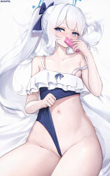 Rule 34 | 1girl, absurdres, artist name, bed sheet, black one-piece swimsuit, blue archive, blue halo, cellphone, collarbone, cowboy shot, frilled one-piece swimsuit, frills, grey hair, groin, halo, highres, holding, holding phone, long hair, looking at viewer, miyako (blue archive), miyako (swimsuit) (blue archive), navel, nekoya (liu), off-shoulder one-piece swimsuit, off shoulder, official alternate costume, one-piece swimsuit, phone, ponytail, purple eyes, smartphone, solo, swimsuit
