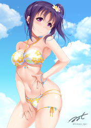 Rule 34 | 1girl, bikini, black eyes, blue sky, bracelet, breasts, cleavage, cloud, commentary request, cowboy shot, day, floral print, flower, groin, hair flower, hair ornament, highres, hino minato (spec.c), jewelry, kazuno sarah, looking at viewer, love live!, love live! sunshine!!, medium breasts, outdoors, purple eyes, side ponytail, signature, sky, solo, standing, swimsuit, white bikini