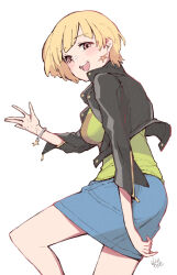 Rule 34 | :d, black jacket, blonde hair, blue skirt, blunt bangs, blush, bracelet, breasts, cowboy shot, earrings, from side, fukuda noriko, green shirt, hand up, idolmaster, idolmaster million live!, idolmaster million live! theater days, jacket, jewelry, large breasts, long sleeves, looking at viewer, miniskirt, mitogawawataru, open hand, open mouth, shirt, short hair, simple background, skirt, smile, star ornament, teeth, upper teeth only, very short hair, waving, white background