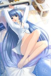 Rule 34 | 00s, 1girl, anklet, arms up, bad id, bad pixiv id, barefoot, bed, blue eyes, blue hair, book, breasts, cleavage, dress shirt, feet, jewelry, jpeg artifacts, legs, lips, lipstick, long hair, lying, makeup, matching hair/eyes, nanjou sayaka, on back, open mouth, original, panties, pillow, private emotion, ripe, sano toshihide, shirt, solo, underwear, very long hair, white panties