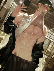 Rule 34 | 1boy, abs, biting, biting clothes, biting shirt, cellphone, clothes, earrings, green hair, jacket, jewelry, male focus, one piece, phone, piercing, roronoa zoro, scar, shorts, solo, solo focus, sweat, sweatdrop