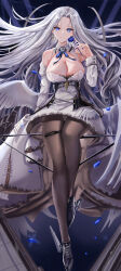 Rule 34 | 1girl, absurdres, age fx, azur lane, bare shoulders, blue eyes, breasts, brown pantyhose, cleavage, cross, cross earrings, dress, earrings, feathered wings, flower, full body, highres, jewelry, large breasts, long hair, looking at viewer, pantyhose, parted bangs, smile, solo, white dress, white hair, wings, yorktown (azur lane), yorktown ii (azur lane)