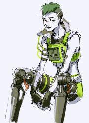 Rule 34 | 1boy, animification, apex legends, arms between legs, black eyes, black gloves, cable, cropped vest, fingerless gloves, gloves, green shorts, green vest, grey background, highres, male focus, mechanical legs, octane (apex legends), open mouth, shorts, sitting, sketch, solo, thundergotch, undercut, vest