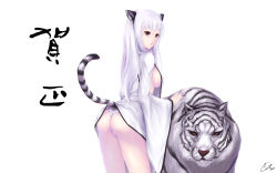 Rule 34 | 1girl, animal ears, ass, breasts, brown eyes, cait aron, highres, long hair, looking back, new year, original, panties, sideboob, solo, tail, thong, tiger, tiger ears, tiger tail, translation request, underwear, wallpaper, white hair