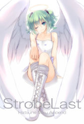 Rule 34 | 1girl, alternate hair length, alternate hairstyle, angel wings, arm support, bare shoulders, boots, cross-laced footwear, green eyes, green hair, halo, hatsune miku, highres, knee boots, crossed legs, light smile, matching hair/eyes, nana mikoto, one eye closed, short hair, sitting, smile, solo, strobe last (vocaloid), twintails, vocaloid, wings, wink