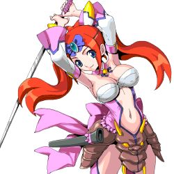 Rule 34 | 1girl, armor, armpits, arms up, blue eyes, breasts, cleavage, hanafuuma gesshi, impossible clothes, katana, konami, koyopi, large breasts, navel, otomedius, otomedius excellent, red hair, sarashi, scabbard, sheath, simple background, solo, sword, twintails, weapon, white background
