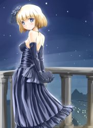 Rule 34 | 1girl, back, bag, balcony, bare shoulders, blonde hair, blue eyes, cecilia glinda miles, dress, elbow gloves, flower, formal, gloves, gown, hair flower, hair ornament, handbag, highres, looking back, night, night sky, railing, short hair, sky, star (sky), starry sky, strike witches, vt (ytoh02), witches of africa, world witches series
