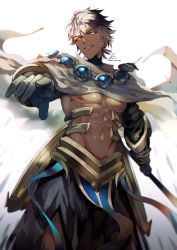 Rule 34 | 1boy, abs, ahoge, bare pectorals, black gloves, brown hair, cape, dark-skinned male, dark skin, earrings, egyptian, fate/grand order, fate/prototype, fate/prototype: fragments of blue and silver, fate (series), feet out of frame, gauntlets, gloves, highres, holding, holding staff, jewelry, looking at viewer, male focus, ozymandias (fate), pectorals, sakura hitsuji, short hair, shrug (clothing), signature, simple background, solo, staff, toned, toned male, topless male, twitter username, white background, white cape, yellow eyes