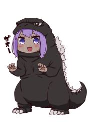 Rule 34 | 1girl, :d, blush, cosplay request, costume, dark-skinned female, dark skin, fang, fate/prototype, fate/prototype: fragments of blue and silver, fate (series), full body, godzilla, godzilla: king of the monsters, godzilla (monsterverse), godzilla (series), hassan of serenity (fate), i.u.y, kaijuu, legendary pictures, long sleeves, monsterverse, open mouth, purple eyes, purple hair, simple background, smile, solo, standing, toho, white background