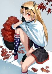 Rule 34 | 1girl, american flag legwear, azur lane, between legs, black gloves, black skirt, blonde hair, blue shirt, blurry, blurry foreground, blush, branch, capelet, cleveland (azur lane), commentary request, depth of field, elbow on knee, eyewear on head, fingerless gloves, gloves, grey background, hair between eyes, hand between legs, head rest, kneehighs, leaf, leg up, looking at viewer, maple leaf, one side up, plant, pleated skirt, potted plant, red eyes, shirt, shoes, sitting, skirt, smile, socks, solo, star (symbol), star print, wasabi60
