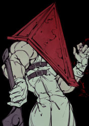 Rule 34 | 1boy, azaya (kuroi azaya), black background, cowboy shot, facing to the side, gloves, hand up, holding, holding sword, holding weapon, male focus, muscular, muscular male, object head, pyramid head, silent hill (series), simple background, sleeveless, solo, standing, sword, weapon, white gloves