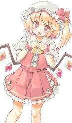 Rule 34 | 1girl, arnest, blonde hair, bright pupils, cross-laced footwear, crystal, flandre scarlet, hands on own chest, hat, highres, long hair, looking at viewer, mob cap, open mouth, puffy short sleeves, puffy sleeves, red eyes, red skirt, red vest, shirt, short sleeves, side ponytail, simple background, skirt, smile, solo, standing, touhou, vest, white background, white hat, white pupils, white shirt, wings, wrist cuffs, yellow neckwear