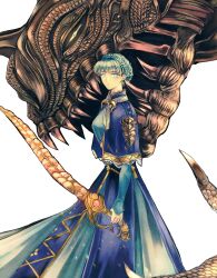 Rule 34 | 1boy, 1girl, absurdres, ancestor and descendant, blue dress, blue eyes, blue hair, blutgang (fire emblem), braid, breasts, closed mouth, crown braid, dress, fangs, fire emblem, fire emblem: three houses, highres, holding, holding sword, holding weapon, horns, large breasts, long sleeves, looking at viewer, marianne von edmund, maurice (fire emblem), monster, nintendo, official alternate hairstyle, omlililimo, short hair, single horn, sword, weapon, white background