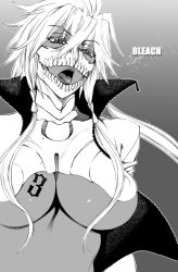 Rule 34 | 00s, 1girl, arrancar, bleach, bone, breasts, covered erect nipples, crossed bangs, dark-skinned female, dark skin, eyelashes, greyscale, hair between eyes, hair over breasts, hair tubes, hanzaki jirou, large breasts, lips, long hair, looking at viewer, midriff, monochrome, number tattoo, open clothes, open mouth, revealing clothes, sidelocks, solo, spoilers, tattoo, teeth, tier harribel, tongue, twintails, underboob, unzipped, upper body, wind
