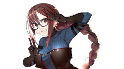 Rule 34 | 1girl, absurdres, black-framed eyewear, black dress, black gloves, blue bodysuit, bodysuit, bodysuit under clothes, breasts, brown eyes, brown hair, clenched teeth, commentary request, double v, dress, earrings, fate/grand order, fate (series), glasses, gloves, highres, jewelry, large breasts, long hair, looking at viewer, multiple earrings, simple background, solo, striped bodysuit, tears, teeth, toranpo rintarou, upper body, v, very long hair, white background, yu mei-ren (fate), yu mei-ren (first ascension) (fate)