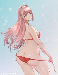 Rule 34 | 1girl, arachnart, ass, back, bare shoulders, bikini, blue eyes, blush, breasts, closed mouth, darling in the franxx, highres, horns, large breasts, long hair, pink hair, red bikini, swimsuit, tagme, zero two (darling in the franxx)