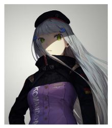Rule 34 | 1girl, amo (silent bomb19), bad id, bad pixiv id, black hat, black jacket, blunt bangs, commentary, dress, floating hair, girls&#039; frontline, green eyes, grey background, hair ornament, hat, hk416 (girls&#039; frontline), jacket, long hair, long sleeves, looking at viewer, parted lips, purple dress, silver hair, simple background, solo, upper body