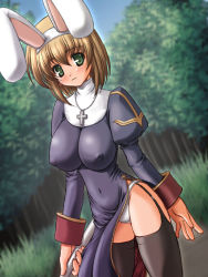 Rule 34 | abu, animal ears, blush, breasts, brown hair, covered erect nipples, cross, day, dress, garter belt, grass, green eyes, impossible clothes, impossible shirt, large breasts, latin cross, navel, outdoors, panties, priest, priest (ragnarok online), priestess, rabbit ears, ragnarok online, shirt, short hair, skin tight, solo, thighhighs, tree, underwear, white panties