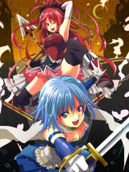 Rule 34 | 10s, 2girls, arm behind head, arm up, armpits, black thighhighs, blue eyes, blue hair, boots, chain, crescent moon, detached sleeves, gloves, highres, long hair, magical girl, mahou shoujo madoka magica, mahou shoujo madoka magica (anime), miki sayaka, moon, multiple girls, one eye closed, panties, polearm, ponytail, red eyes, red hair, sakura kyoko, short hair, skirt, spear, spread legs, striped clothes, striped panties, sword, thighhighs, tsukasa (mooncry), underwear, weapon, white gloves, wink