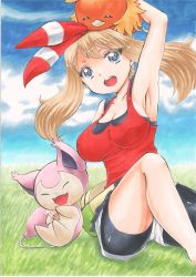 Rule 34 | 1girl, absurdres, arm up, armpits, blue eyes, breasts, brown hair, cleavage, creatures (company), game freak, gen 3 pokemon, hair ribbon, highres, large breasts, long hair, looking at viewer, may (pokemon), nintendo, open mouth, pokemon, pokemon (creature), ribbon, sitting, skitty, smile, torchic, yuuki chima