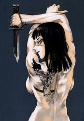 Rule 34 | 1girl, arms up, back, back tattoo, backboob, black hair, breasts, cross, eyepatch, from behind, highres, jormungand (manga), knife, large breasts, looking back, non-web source, nude, official art, simple background, sofia valmer, solo, takahashi keitarou, tattoo, wing tattoo, wings, yellow eyes