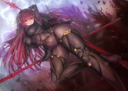 Rule 34 | arm up, armor, armpits, aya shobon, bodysuit, breasts, circlet, covered navel, fate/grand order, fate (series), forehead jewel, gae bolg (fate), hair intakes, highres, hip focus, large breasts, legs, lightning, long hair, looking at viewer, pauldrons, polearm, purple bodysuit, purple hair, red eyes, scathach (fate), shoulder armor, solo, spear, thighs, veil, weapon