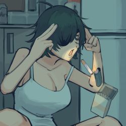 Rule 34 | 1girl, black hair, breasts, cabinet, chainsaw man, cigarette, cigarette pack, closed eyes, concentrating, eyepatch, fingers to head, fire, floating, highres, himeno (chainsaw man), kitchen, large breasts, lighter, lighting cigarette, liowig, man levitating pizza (meme), meme, open mouth, refrigerator, short hair, solo, tank top, telekinesis, white tank top