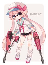 Rule 34 | 1girl, bad id, bad twitter id, bandaid, bandaid on leg, black shorts, blouse, blunt bangs, bow, bracelet, cabbie hat, commentary, dolphin shorts, dual wielding, dualie squelcher (splatoon), full body, green eyes, grey background, gym shorts, hat, hat bow, holding, holding weapon, inkling, inkling (language), inkling girl, inkling player character, jewelry, leaning forward, long hair, looking at viewer, loose socks, maco spl, neckerchief, nintendo, outside border, parted lips, pink hair, pointy ears, red bow, red neckerchief, sailor collar, shirt, shoes, short shorts, short sleeves, shorts, socks, solo, splatoon (series), splatoon 2, standing, tentacle hair, trigger discipline, uwabaki, weapon, white footwear, white hat, white shirt, white socks