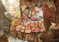 Rule 34 | 3girls, 6+boys, alley, apron, artist name, backpack, bag, basket, blonde hair, bridge, butcher, butcher knife, carrying, cheese, city, claws, cutting, day, demizu posuka, demon, demon wings, dragon, english text, fangs, fantasy, flag, flyswatter, food, gloves, happy, hat, horns, long hair, looking at viewer, map, meat, mini person, minigirl, multiple boys, multiple girls, muscular, muted color, onion, open mouth, original, outdoors, red eyes, red hair, running, sausage, scenery, shop, short hair, shorts, skull, smile, stairs, storefront, sunlight, weighing scale, wings