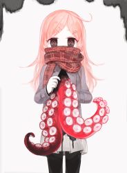 Rule 34 | 1girl, black pantyhose, brown eyes, covered mouth, cowboy shot, hair ornament, hairclip, ink, jacket, long hair, looking at viewer, open mouth, original, pantyhose, pink hair, pleated skirt, sasasasa, scarf, scarf over mouth, skirt, solo, standing, tentacles