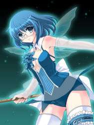 Rule 34 | 1girl, back bow, blue eyes, blue flower, blue hair, blue ribbon, blue rose, bow, breasts, bridal gauntlets, cleavage, closed mouth, collarbone, detached collar, flower, glasses, juliet sleeves, koshikawa guu, legs apart, long sleeves, mabinogi, puffy long sleeves, puffy sleeves, ribbon, rose, round eyewear, see-through, see-through sleeves, short hair, siren (mabinogi), small breasts, smile, solo, standing, thighhighs, white bow, white ribbon, white thighhighs, wings
