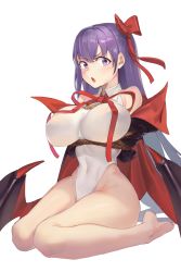 Rule 34 | 1girl, absurdres, arms behind back, atorosu, bare shoulders, bat wings, bb (fate), bb (fate) (all), bb (swimsuit mooncancer) (fate), bb (swimsuit mooncancer) (third ascension) (fate), bdsm, black coat, bondage, bound, breasts, coat, covered navel, fate/grand order, fate (series), gloves, hair ribbon, highleg, highleg leotard, highres, large breasts, legs, leotard, long hair, neck ribbon, open clothes, open coat, open mouth, popped collar, purple eyes, purple hair, red ribbon, ribbon, rope, simple background, sitting, tan, thighs, vampire costume, very long hair, wariza, white background, white gloves, white leotard, wings