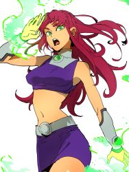 Rule 34 | 1girl, absurdres, arms up, artist request, breasts, cartoon network, dc comics, dress, green eyes, highres, isaacchief300, medium breasts, open mouth, purple dress, red hair, simple background, starfire, teen titans, teeth, twitter, twitter username, warner bros, white background
