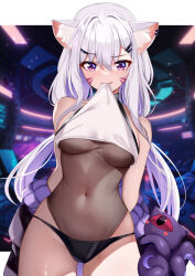 Rule 34 | 1girl, ahoge, alheitrakzoth, animal ear fluff, animal ears, arms behind back, bare shoulders, black jacket, black panties, breasts, cat ears, cat girl, clothes lift, clothes pull, colored inner hair, commentary, covered navel, english commentary, english text, facial mark, hair ornament, hairclip, highres, jacket, jacket pull, lifted by self, long hair, looking at viewer, medium breasts, mouth hold, multicolored hair, octopus, panties, patreon username, purple hair, revision, shirt, shirt lift, shyrei faolan, squchan, thighs, underwear, virtual youtuber, vyugen, white hair, white shirt