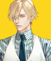 Rule 34 | 1boy, aqua necktie, axis powers hetalia, blonde hair, collared shirt, hair over one eye, highres, luxembourg (hetalia), male focus, necktie, parted lips, shirt, simple background, solo, striped clothes, striped shirt, vest, white shirt, white vest, yellow background, yellow eyes, zhongerweiyuan