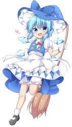 Rule 34 | 1girl, :d, adapted costume, apron, blue eyes, blue hair, blue skirt, blue vest, braid, broom, cirno, cosplay, gloves, hat, heart, highres, ice, ice wings, kirisame marisa, kirisame marisa (cosplay), looking at viewer, mary janes, open mouth, puffy short sleeves, puffy sleeves, sabana, shirt, shoes, short sleeves, single braid, skirt, smile, touhou, vest, white shirt, wings, witch hat