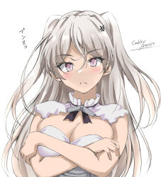 Rule 34 | 1girl, armpit cutout, blush, breasts, brown eyes, cleavage, cleavage cutout, clothing cutout, conte di cavour (kancolle), conte di cavour nuovo (kancolle), corset, crossed arms, dated, dress, embarrassed, frilled dress, frills, gakky, grey dress, grey hair, highres, kantai collection, large breasts, layered dress, long hair, looking at viewer, signature, solo, two-tone dress, two side up, white dress