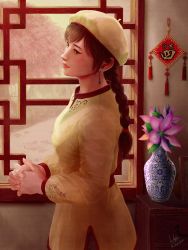 Rule 34 | 1girl, architecture, braid, braided ponytail, breasts, brown eyes, chest of drawers, chinese clothes, chinese knot, dated, day, earrings, east asian architecture, eyelashes, floral print, flower, grass, highres, indoors, jade (gemstone), jewelry, kohji, ling shen hua, lips, long hair, looking to the side, ornament, own hands clasped, own hands together, picture frame, pink flower, red trim, sega, shenmue, shenmue iii, shirt, signature, solo, swing, tree, vase, window, yellow headwear, yellow shirt