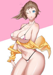 Rule 34 | 10s, 1girl, bare shoulders, bikini, blue eyes, breasts, brown hair, covered erect nipples, fingernails, gundam, gundam build fighters, gundam build fighters try, hoshino fumina, huge breasts, ion (cation), large breasts, long fingernails, looking at viewer, micro bikini, navel, one eye closed, open clothes, open mouth, ponytail, shiny skin, skindentation, solo, strap gap, swimsuit, thighs, white bikini, wink
